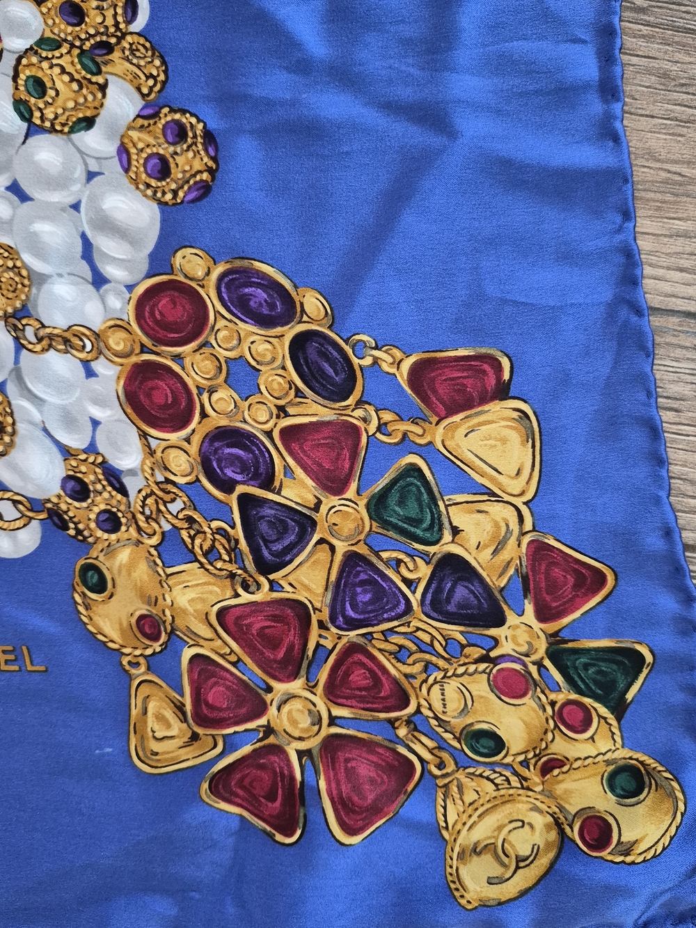 Vintage Chanel Blue Silk Scarf with Jewel Chain Border 33" Made In Italy - Picture 7 of 11